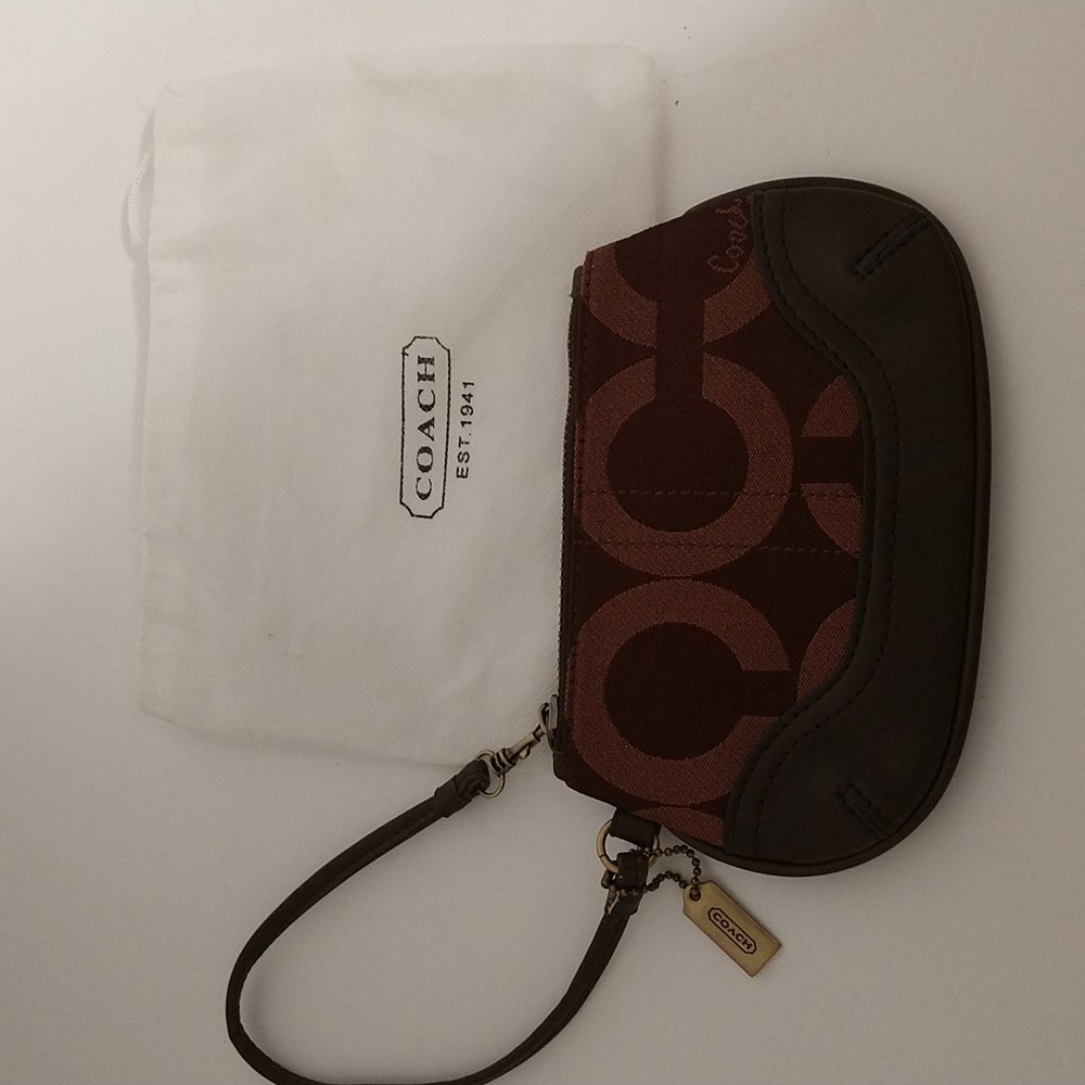 New Brown Signature C Canvas & Leather Wristlet.
